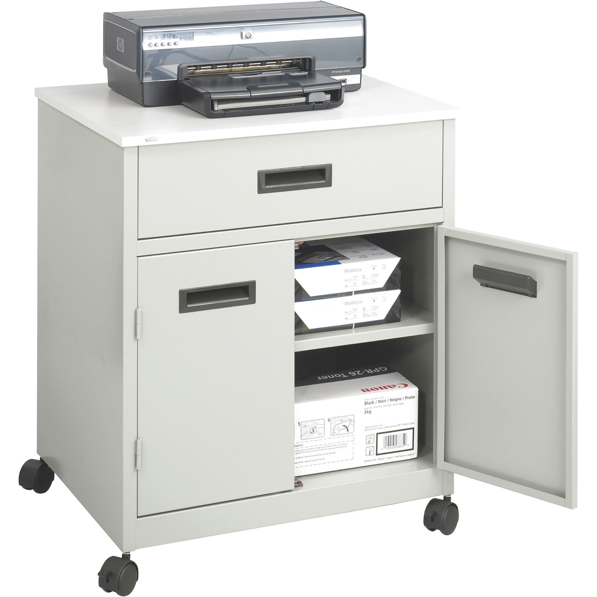 Safco Enclosed Steel Machine Stand with Drawer, Gray, Model# 1870GR